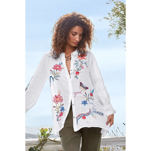 Johnny Was Jordan Voyager Tunic Shirt Floral White Flower Embroidery Top NEW - Picture 1 of 7